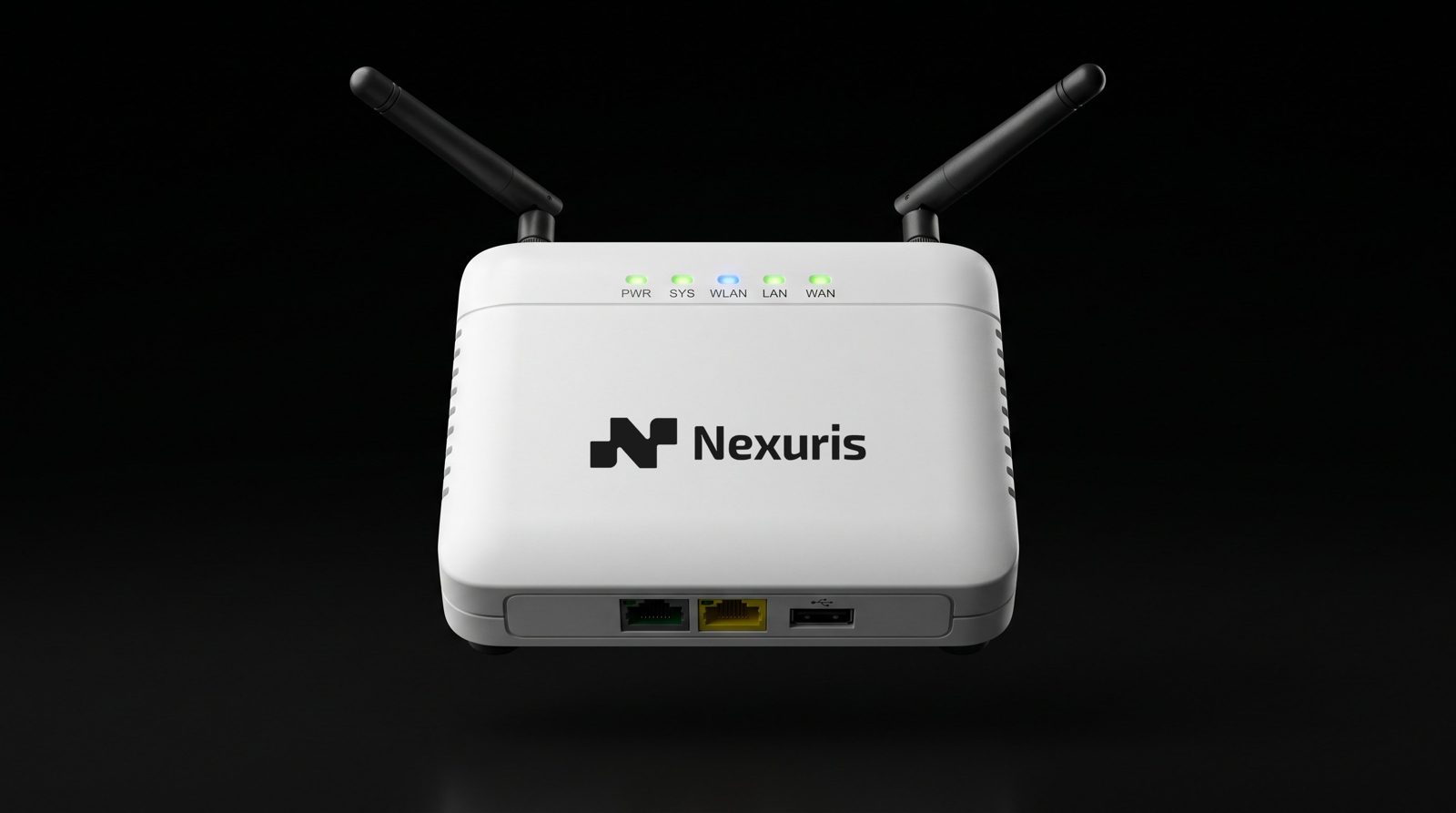 Het Nexuris load balancing kastje: een witte behuizing met twee antennes, statuslampjes voor PWR, SYS, WLAN, LAN en WAN, en aan de voorzijde een LAN poort, een WAN poort en een USB aansluiting.